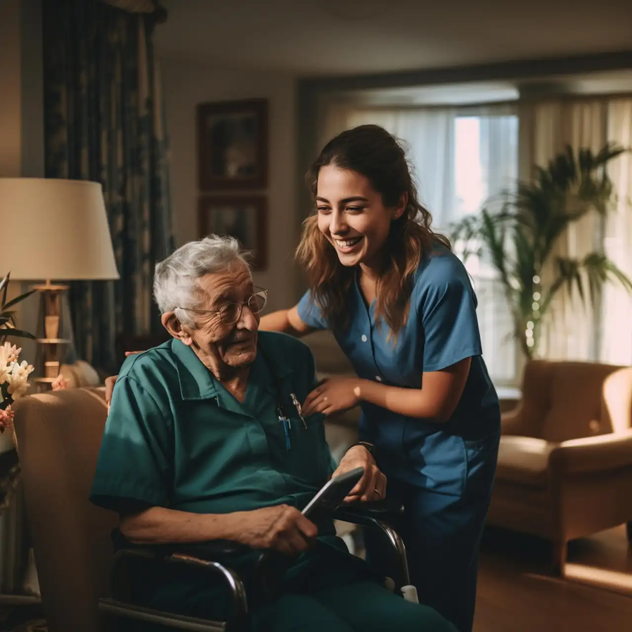 Nurse smiling and standing beside an elderly person sitting in a wheelchair in a living room.