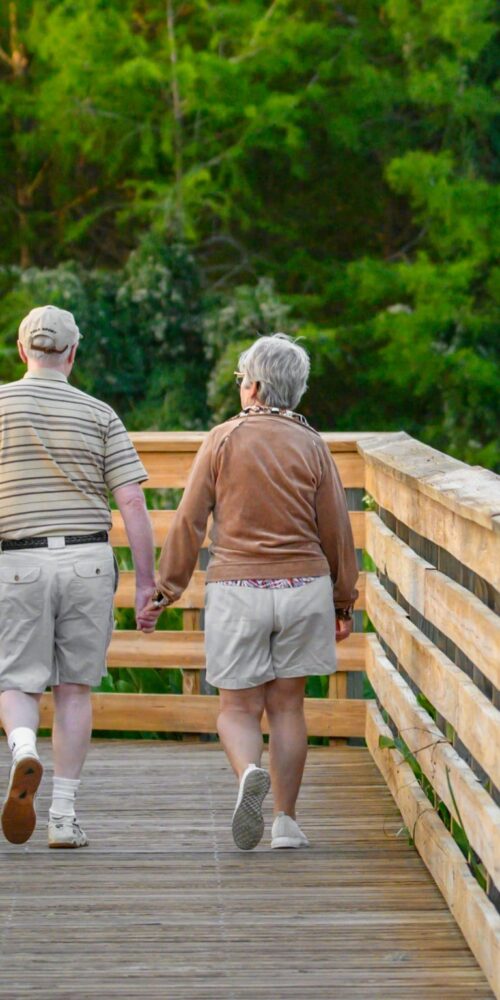 Senior pair walking on a wooden bridge, sharing a moment in a peaceful outdoor setting.