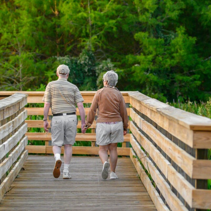 Senior pair walking on a wooden bridge, sharing a moment in a peaceful outdoor setting.
