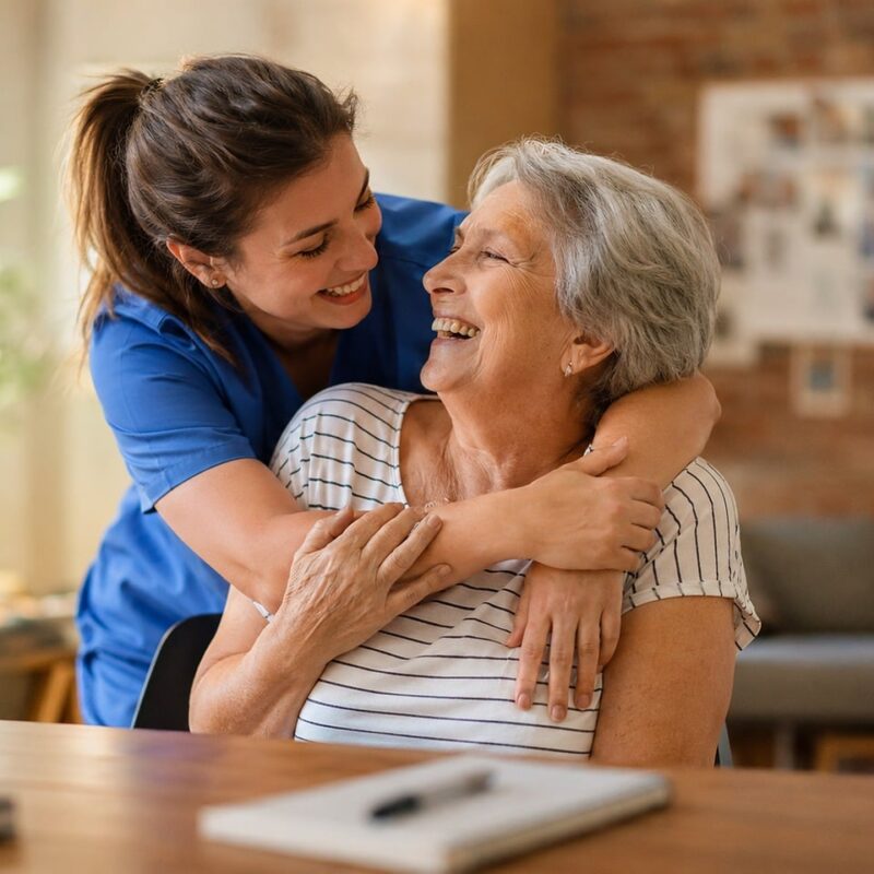 A younger woman hugs an older woman in her home, highlighting a moment of connection and compassion.