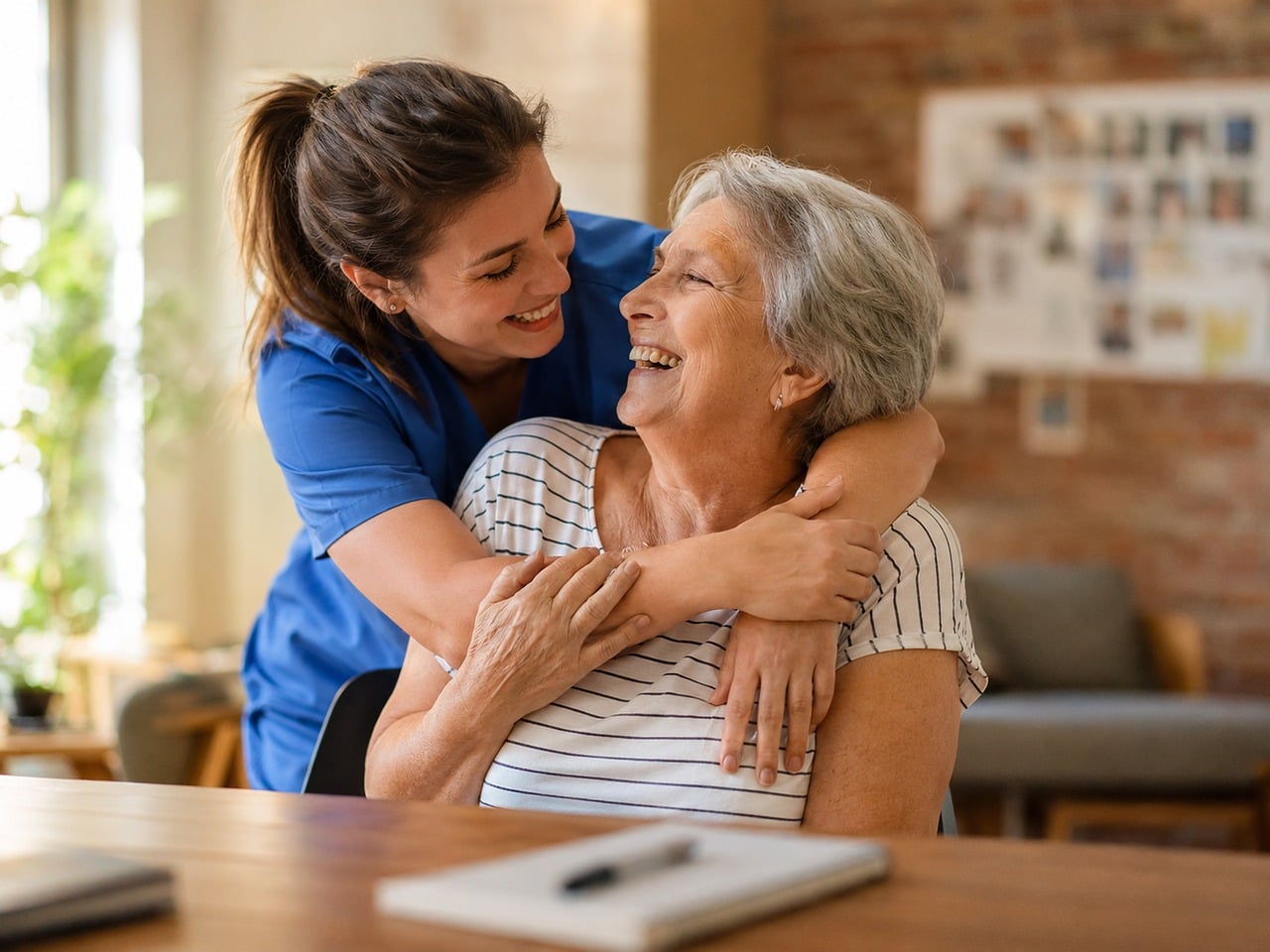 A younger woman hugs an older woman in her home, highlighting a moment of connection and compassion.