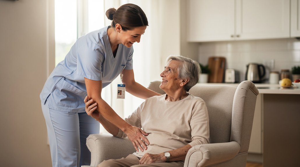 Smiling caregiver in blue scrubs helping an elderly woman seated in an armchair at home